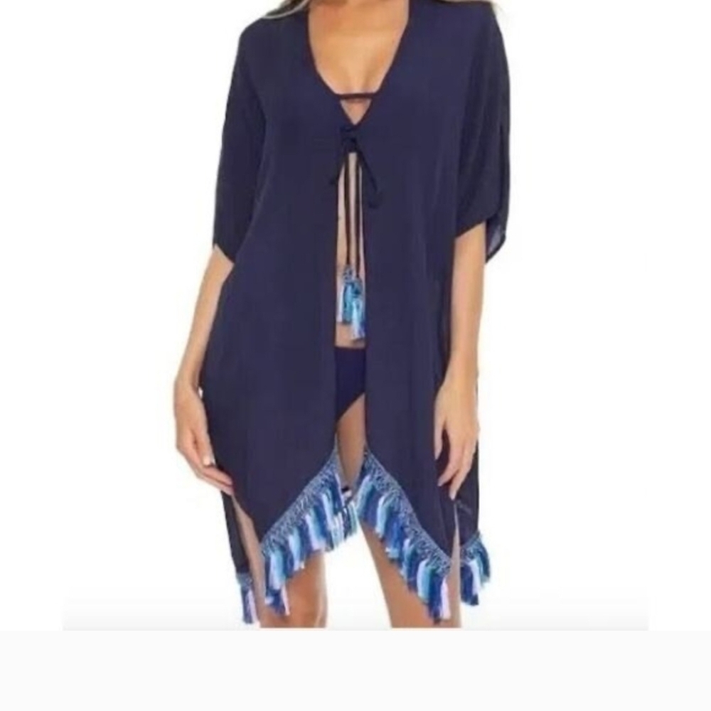 BECCA Blue Tasseled Kimono Swim Cover Up Size XS